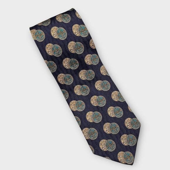 VALENTINO navy, teal & gold coin medallion print silk tie made in Italy luxury - Picture 1 of 6